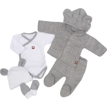 Kojenecká souprava 5-dílná kojenecká soupravička pletená do porodnice - šedá, bílá, Velikost koj. oblečení 50 (0-1m)