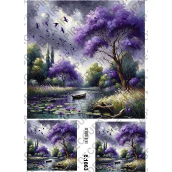 Umělecký papír Rýžový a soft papír na decoupage - Krajinka abstrakt - KB01863 Materiál: Soft, Rozměr: A4