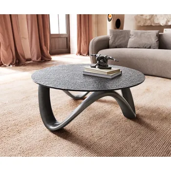 Konferenční stolek DELIFE Konferenční stolek Tanju 90x90 cm kovová stříbrná s reliéfním sklem šedá