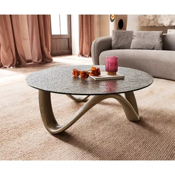 Konferenční stolek DELIFE Konferenční stolek Tanju 90x90 cm kov zlatý s reliéfním sklem taupe