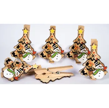 Vánoční dekorace Vánoční dřevěné kolíčky Stromek se sněhulákem 6ks 946062