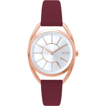 MINET Rose gold dámské hodinky ICON PINK s vínovým koženým řemínkem MWL5241