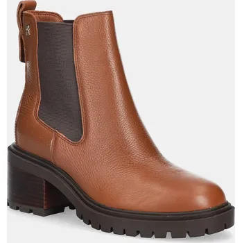 Dámská zimní obuv Kožené kotníkové boty Tommy Hilfiger TH LEATHER CHELSEA CLEATED HEEL dámské, hnědá barva, na podpatku, FW0FW08774 82X, EUR 41