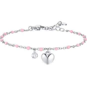 Náramek LUCA BARRA Ocelový náramek se srdcem, krystalem a kamenem s růžovým smaltem
