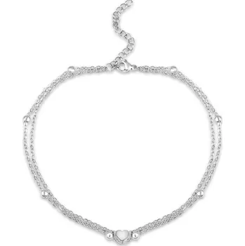 Náramek Meucci Dvojitý řetízek na nohu PEVNÉ SRDCE s kuličkami stříbrná 25-30 cm