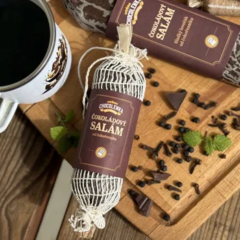 Čokoláda Chocolenka Čokoládový salám – Višeň, Lískový ořech & Pepř (Tmavá čokoláda)