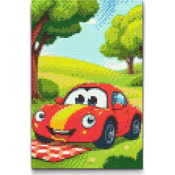 Diamantové malování Diamantové malování - Auto pro děti na pikniku Velikost: 20x30cm, Rámování: Pouze srolované plátno, Diamanty: Čtvercové
