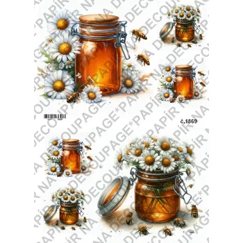 Umělecký papír Rýžový a soft papír na decoupage - Med a kopretiny - KB01869 Materiál: Rýžový papír, Rozměr: A4