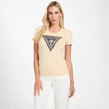 Dámské tričko Dámské Tričko s krátkým rukávem GUESS SS CN TRIANGLE PYTHON TEE W5BI15J1314-A101 – Béžová XS
