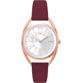MINET Rose gold dámské hodinky s čísly ICON PINK se vínovým koženým řemínkem MWL5250