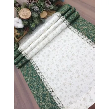 ubrus Běhoun - vánoční ubrus vlokčy na smetanové lemované zlatými větvičkami cesmíny na zelené| 42 x 135 (Rozměr: 42 x 135 cm)