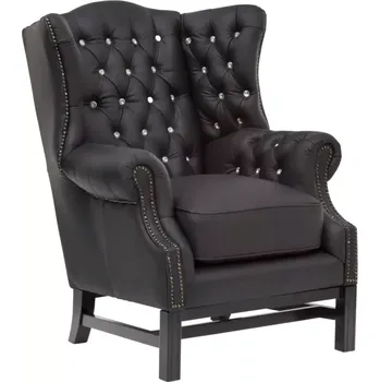 Křeslo Černé kožené křeslo Chesterfield pravá kůže (Luxusní křeslo ušák)