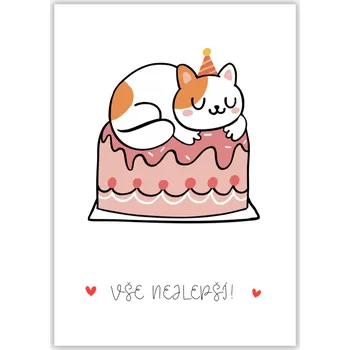 Narozeninové blahopřání s kočkou a dortem