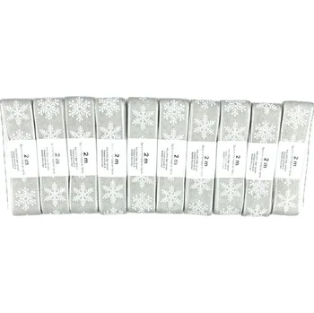 Stuha Sada 10x Vánoční stuha skládaná SNĚHOVÁ VLOČKA pastelově šedá 25mm x 2m (7,- Kč/m) (14,- Kč/ks) (Vánoční látková stuha, jednostranný potisk Sněhová vločka, pastelově šedá, tkaním zesílené okraje)