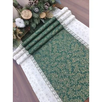 ubrus Běhoun - vánoční ubrus zlaté větvičky cesmíny na zelené lemované zlatými vločkami na smetanové| 42 x 135 (Rozměr: 42 x 135 cm)