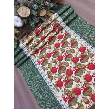 ubrus Běhoun - vánoční ubrus ozdoby na smetanové v kombinaci se zlatými ornamenty na zelené | 41 x 129 (Rozměr: 41 x 129 cm)