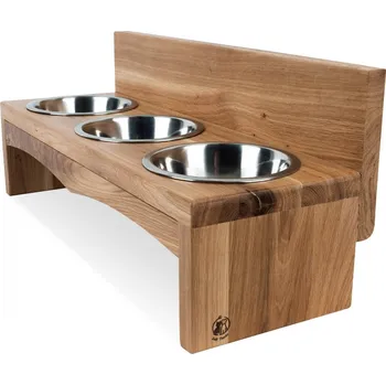 Miska pro psa Svět Tlapky Stojan na 3 misky pro psa TALON Dřevina nebo odstín: Buk (dřevo), Výška: 10cm (malé plemeno), Průměr miska (rozměr): miska 13cm (48 x 18cm)