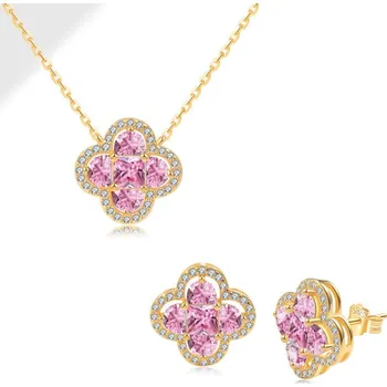 Souprava šperků Pozlacená stříbrná sada náušnic a náhrdelníku s čtyřlístkem a růžovými zirkony - Meucci SYE140/SYN035