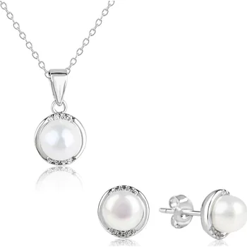Souprava šperků Stříbrná sada náušnic a náhrdelníku s říční perlou a zirkony - Meucci SP114S
