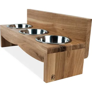 Miska pro psa Svět Tlapky Stojan na 3 misky pro psa BONNIE Dřevina nebo odstín: Dub červený (dřevo), Výška: 15cm (malé plemeno), Průměr miska (rozměr): miska 13cm (48 x 18cm)