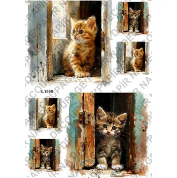 Umělecký papír Rýžový a soft papír na decoupage - Kočka ve vratech - KB01898 Materiál: Soft, Rozměr: A4