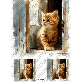 Umělecký papír Rýžový a soft papír na decoupage - Kočka ve vratech - KB01895 Materiál: Soft, Rozměr: A4