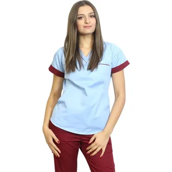 Zdravotnický oděv Modrá zdravotnická halenka - vínový lem- dámská | drinuniforma.cz