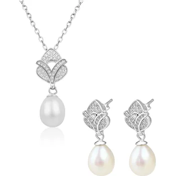 Souprava šperků Stříbrná sada náušnic a náhrdelníku s perlou a ozdobou ze zirkonů - Meucci SP104S