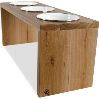 Miska pro psa Svět Tlapky Stojan na 3 smaltované misky pro psa GASTON RETRO Dřevina nebo odstín: Buk (dřevo), Výška: 10cm (malé plemeno), Průměr miska (rozměr): Miska 18cm/0,8l (74 x 24cm)