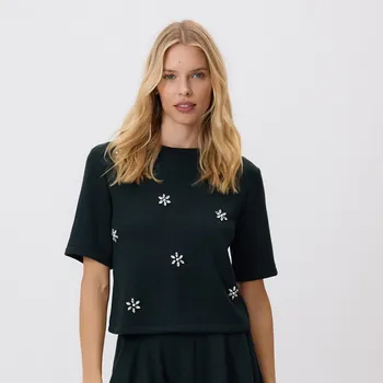 Dámské tričko Reserved - Tričko s ozdobnými krystalky - petrolejová - 871HD-67X - 871HD-67X-XS