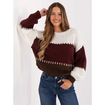 Dámský svetr Ecru-vínový dámský pletený svetr s pruhy -MI-SW-3181.22-burgundy Velikost: ONE SIZE