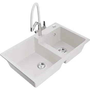 Granitový dřez MEXEN/S - Tomas granitový dřez 2-bowly včetně baterie Duo, bílá 6516-20-671701-02