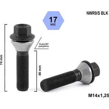 Šroubek na kolo Kolový šroub M14x1,25x48 kužel pohyblivý černý, klíč 17, C17F48-MW-BLACK, výška 74 mm