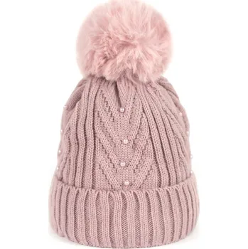 Čepice Dámská módní čepice s bambulí a perličkami růžová
