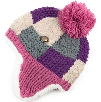 Čepice Kolorovaná ušanka šachovnice v růžových odstínech