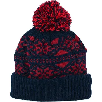 Čepice Módní modročervená čepice s bambulí zdobená motivem sněhových vloček