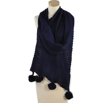 Šála Zimní šál s bambulkami - tmavomodrý