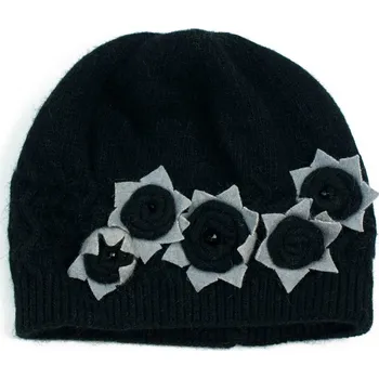 Čepice Vlněná černá čepka s pěti květy