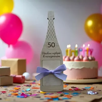 Dárková krabička Lahev šampaňského – dřevěná obálka s číslem na peníze