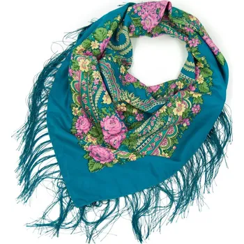 Šátek Folk, etnický šátek s třásněmi modrý