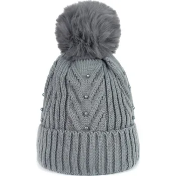 Čepice Dámská módní čepice s bambulí a perličkami šedá