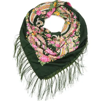 Šátek Folk, etnický šátek s třásněmi khaki