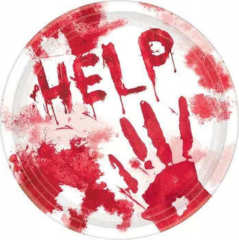 Jednorázové nádobí Halloweenové talířky Zakrvácené HELP Otisk Ruky 23 cm 8 ks AMSCAN