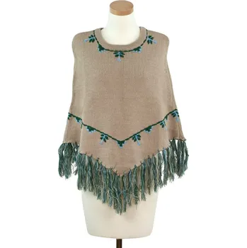 Šála Béžové trendy pončo s třásněmi a vyšíváním