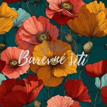 Úplet, Makové žlutočervené květy na petroleji (E) (Top kvalitní úplet Bella digitisk)