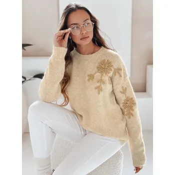 Dámský svetr Krémový dámský svetr z viskózy s květinovou výšivkou GIRLHERBAL MY2546 Velikost: ONE SIZE