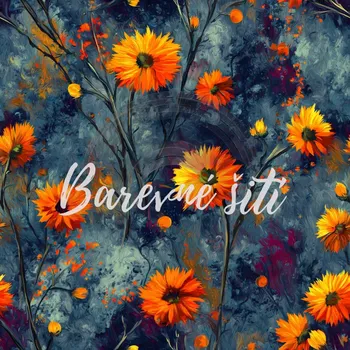 Úplet, Oranžové květy, modrošmouhatá (E) (Top kvalitní úplet Bella digitisk)