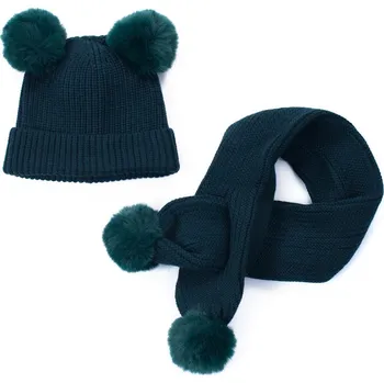 Módní doplněk Dětská čepice a šála s bambulemi tmavě zelená