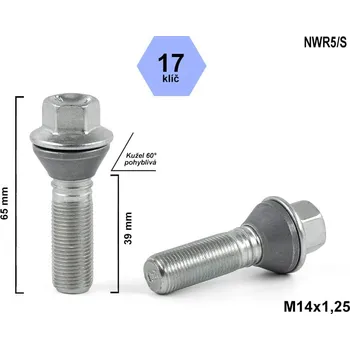 Šroubek na kolo Kolový šroub M14x1,25x39 kužel pohyblivý, klíč 17, NWR5/S, C17F39-MW, výška 65 mm