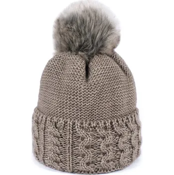 Čepice Zimní čepice s bambulí tmavě béžová